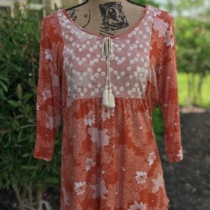 Orange printed tunic with tassel tie